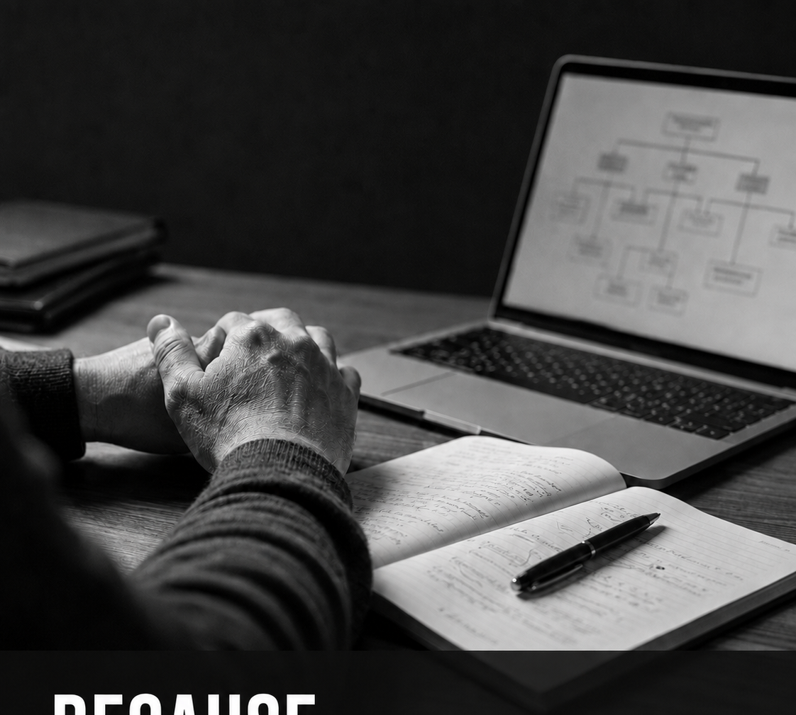 Clasped hands beside a notebook and a laptop showing an org chart