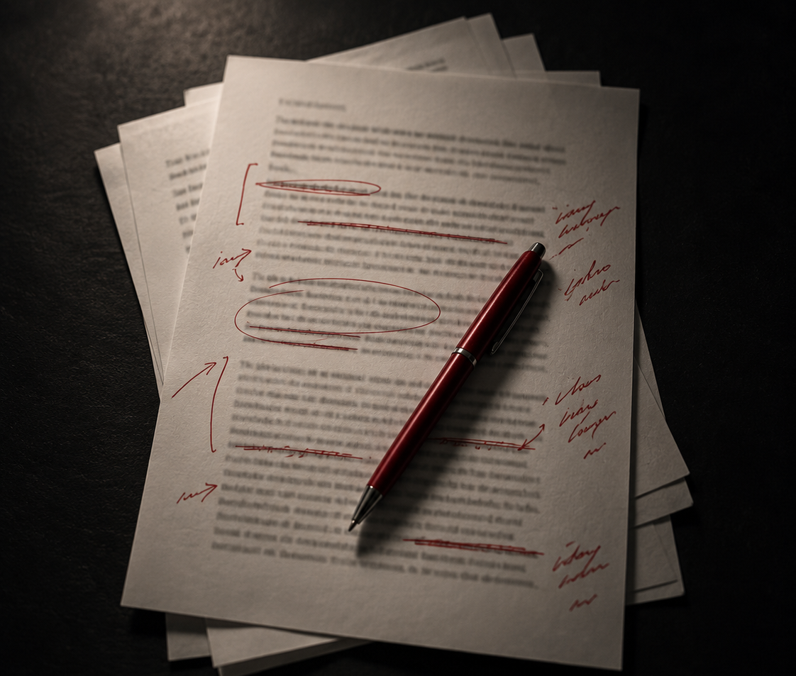 Stack of documents marked up in red pen