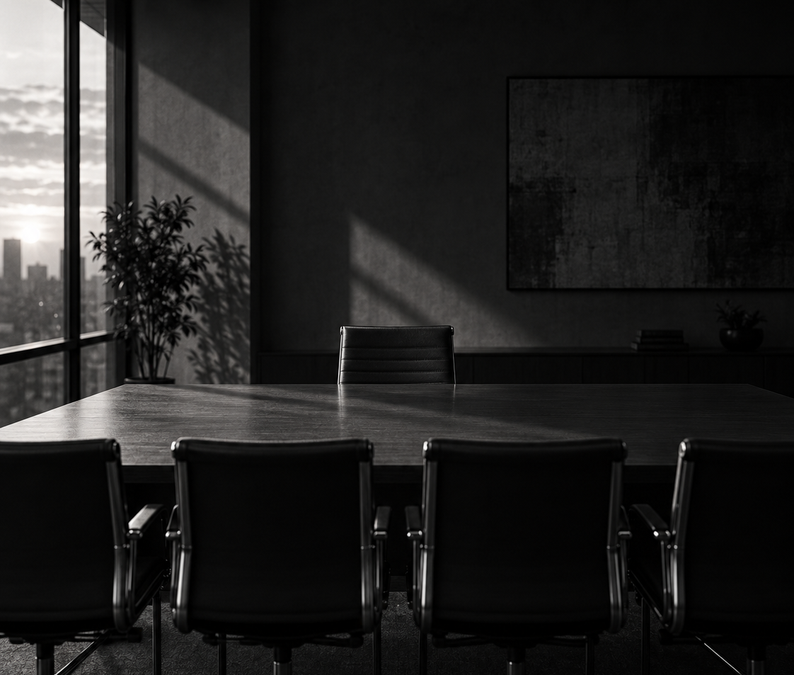 Empty boardroom table with chairs and a city skyline at sunset