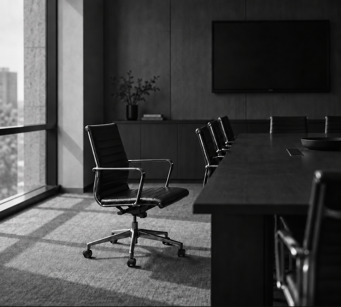 Empty leather office chair in a sunlit boardroom with a city view