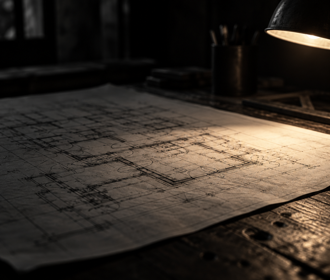 Architectural blueprint on a desk under a lamp